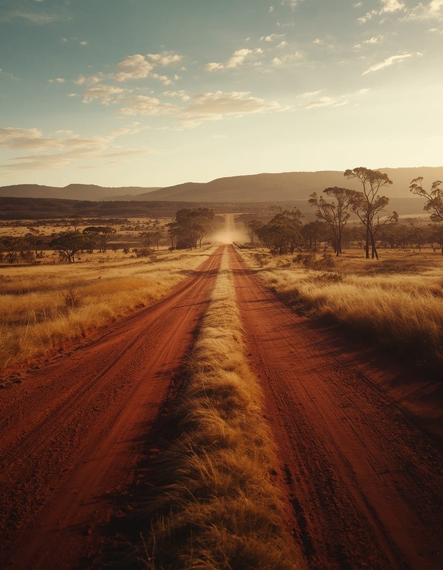 Australian Red Dirt Track and Country Ridge Sunset